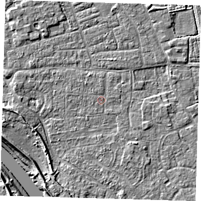 Shaded relief map of the ground around PE210AW, computed from Environment Agency LiDAR. The ground here sits at about 3 m above sea level and falls 7 m across the surrounding 800 m. Surface water reaching this point runs off ground lying to the south-west, 4.3 m higher.