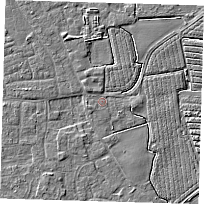Shaded relief map of the ground around PE210AX, computed from Environment Agency LiDAR. The ground here sits at about 3 m above sea level and falls 4 m across the surrounding 800 m. Surface water reaching this point runs off ground lying to the north-west, 1.4 m higher.