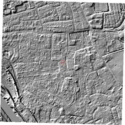 Shaded relief map of the ground around PE210AY, computed from Environment Agency LiDAR. The ground here sits at about 3 m above sea level and falls 8 m across the surrounding 800 m. Surface water reaching this point runs off ground lying to the south-south-west, 4.3 m higher.