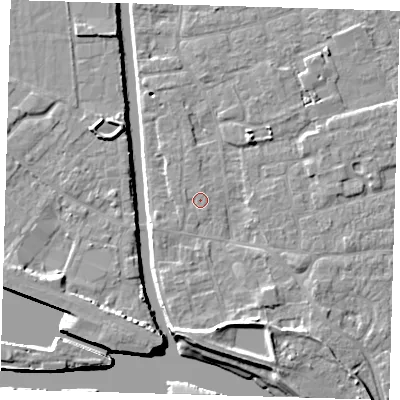 Shaded relief map of the ground around PE210AZ, computed from Environment Agency LiDAR. The ground here sits at about 3 m above sea level and falls 7 m across the surrounding 800 m. Surface water reaching this point runs off ground lying to the west-north-west, 0.7 m higher.