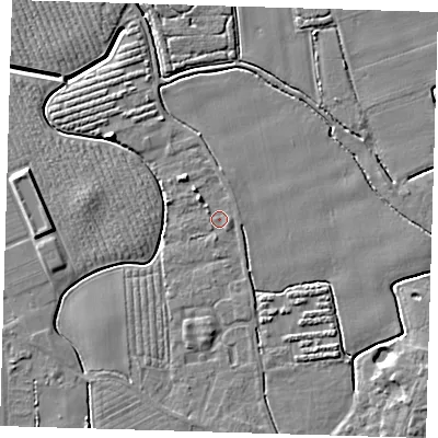 Shaded relief map of the ground around PE210BA, computed from Environment Agency LiDAR. The ground here sits at about 3 m above sea level and falls 6 m across the surrounding 800 m. Surface water reaching this point runs off ground lying to the north-west, 1.7 m higher.
