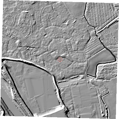 Shaded relief map of the ground around PE210BB, computed from Environment Agency LiDAR. The ground here sits at about 3 m above sea level and falls 8 m across the surrounding 800 m. Surface water reaching this point runs off ground lying to the west, 3.9 m higher.