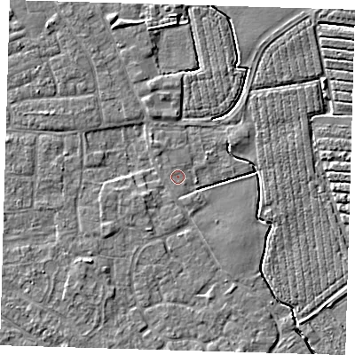 Shaded relief map of the ground around PE210BE, computed from Environment Agency LiDAR. The ground here sits at about 2 m above sea level and falls 4 m across the surrounding 800 m. Surface water reaching this point runs off ground lying to the north-north-west, 3.2 m higher.