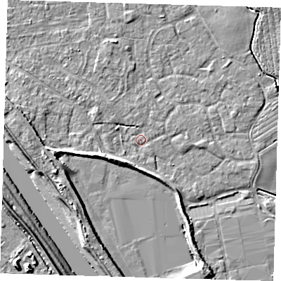 Shaded relief map of the ground around PE210BF, computed from Environment Agency LiDAR. The ground here sits at about 3 m above sea level and falls 8 m across the surrounding 800 m. Surface water reaching this point runs off ground lying to the south-south-west, 3.9 m higher.
