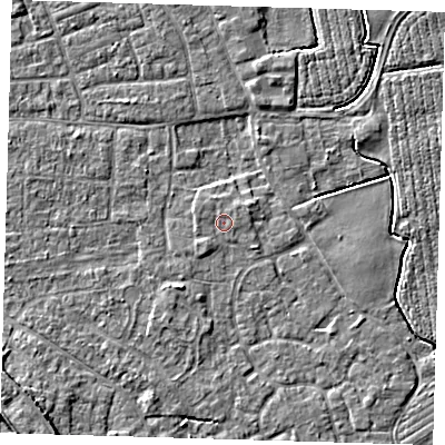 Shaded relief map of the ground around PE210BG, computed from Environment Agency LiDAR. The ground here sits at about 3 m above sea level and falls 6 m across the surrounding 800 m. The ground contributing surface water to this point lies to the west.