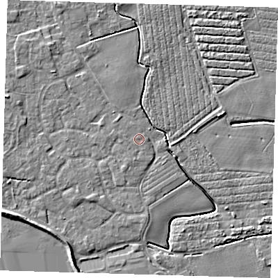 Shaded relief map of the ground around PE210BH, computed from Environment Agency LiDAR. The ground here sits at about 3 m above sea level and falls 6 m across the surrounding 800 m. The ground contributing surface water to this point lies to the west.