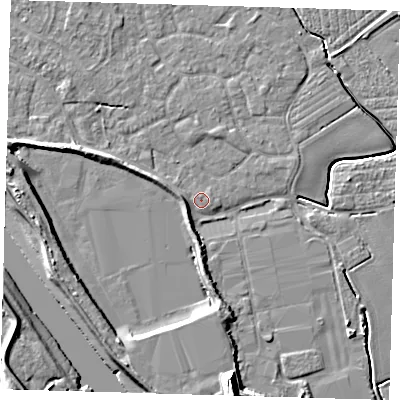 Shaded relief map of the ground around PE210BJ, computed from Environment Agency LiDAR. The ground here sits at about 3 m above sea level and falls 15 m across the surrounding 800 m. Surface water reaching this point runs off ground lying to the west-south-west, 2.6 m higher.
