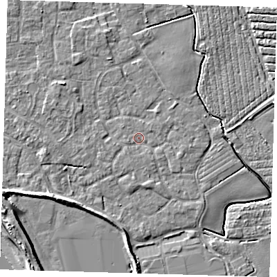 Shaded relief map of the ground around PE210BL, computed from Environment Agency LiDAR. The ground here sits at about 3 m above sea level and falls 8 m across the surrounding 800 m. Surface water reaching this point runs off ground lying to the south-south-east, 1.2 m higher.