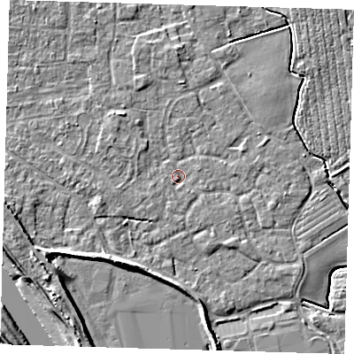 Shaded relief map of the ground around PE210BN, computed from Environment Agency LiDAR. The ground here sits at about 3 m above sea level and falls 8 m across the surrounding 800 m. Surface water reaching this point runs off ground lying to the south-east, 1.2 m higher.