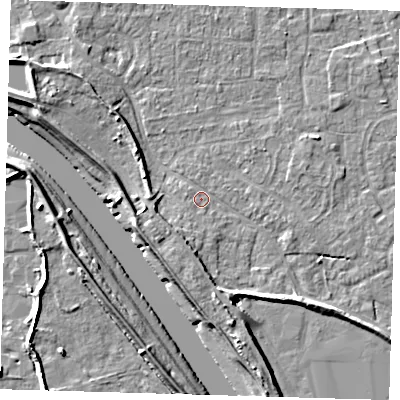 Shaded relief map of the ground around PE210BP, computed from Environment Agency LiDAR. The ground here sits at about 3 m above sea level and falls 8 m across the surrounding 800 m. Surface water reaching this point runs off ground lying to the south, 4.4 m higher.