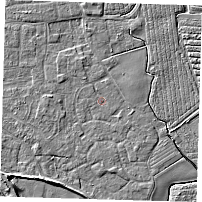 Shaded relief map of the ground around PE210BQ, computed from Environment Agency LiDAR. The ground here sits at about 3 m above sea level and falls 7 m across the surrounding 800 m. Surface water reaching this point runs off ground lying to the west-south-west, 1.3 m higher.