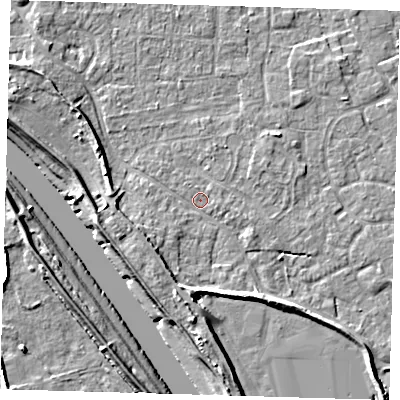 Shaded relief map of the ground around PE210BS, computed from Environment Agency LiDAR. The ground here sits at about 3 m above sea level and falls 8 m across the surrounding 800 m. Surface water reaching this point runs off ground lying to the south-south-west, 4.3 m higher.