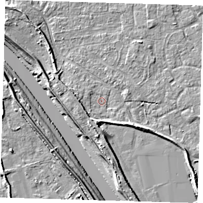 Shaded relief map of the ground around PE210BT, computed from Environment Agency LiDAR. The ground here sits at about 3 m above sea level and falls 8 m across the surrounding 800 m. Surface water reaching this point runs off ground lying to the south-south-west, 4.3 m higher.