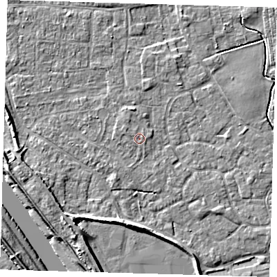 Shaded relief map of the ground around PE210BU, computed from Environment Agency LiDAR. The ground here sits at about 3 m above sea level and falls 8 m across the surrounding 800 m. Surface water reaching this point runs off ground lying to the west-north-west, 0.5 m higher.