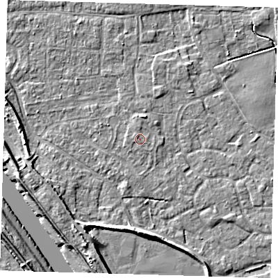 Shaded relief map of the ground around PE210BX, computed from Environment Agency LiDAR. The ground here sits at about 3 m above sea level and falls 8 m across the surrounding 800 m. Surface water reaching this point runs off ground lying to the west, 0.5 m higher.