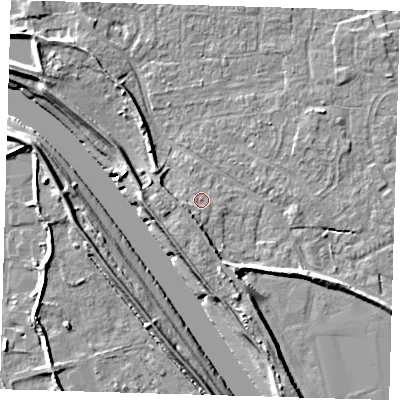 Shaded relief map of the ground around PE210BY, computed from Environment Agency LiDAR. The ground here sits at about 4 m above sea level and falls 8 m across the surrounding 800 m. Surface water reaching this point runs off ground lying to the south-south-west, 2.6 m higher.