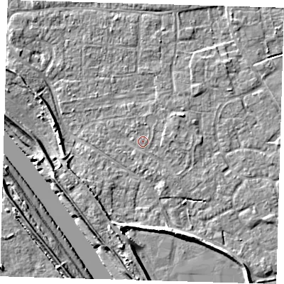 Shaded relief map of the ground around PE210BZ, computed from Environment Agency LiDAR. The ground here sits at about 3 m above sea level and falls 8 m across the surrounding 800 m. The ground contributing surface water to this point lies to the south.