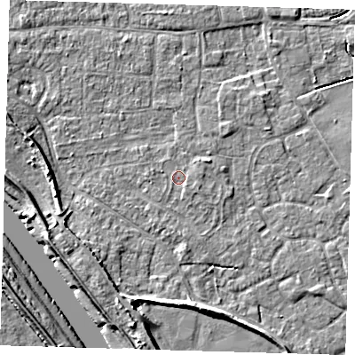 Shaded relief map of the ground around PE210DA, computed from Environment Agency LiDAR. The ground here sits at about 3 m above sea level and falls 8 m across the surrounding 800 m. Surface water reaching this point runs off ground lying to the south, 1.0 m higher.