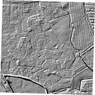 Shaded relief map of the ground around PE210DD, computed from Environment Agency LiDAR. The ground here sits at about 3 m above sea level and falls 8 m across the surrounding 800 m. Surface water reaching this point runs off ground lying to the west, 1.3 m higher.