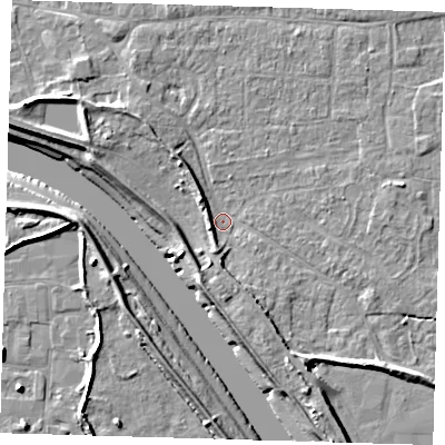 Shaded relief map of the ground around PE210DF, computed from Environment Agency LiDAR. The ground here sits at about 3 m above sea level and falls 8 m across the surrounding 800 m. Surface water reaching this point runs off ground lying to the south-south-east, 4.6 m higher.