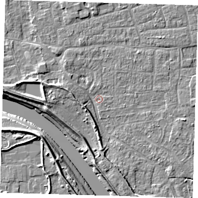 Shaded relief map of the ground around PE210DG, computed from Environment Agency LiDAR. The ground here sits at about 3 m above sea level and falls 8 m across the surrounding 800 m. Surface water reaching this point runs off ground lying to the south, 4.7 m higher.