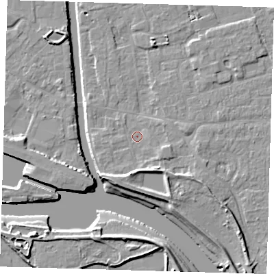 Shaded relief map of the ground around PE210DH, computed from Environment Agency LiDAR. The ground here sits at about 3 m above sea level and falls 9 m across the surrounding 800 m. Surface water reaching this point runs off ground lying to the south-east, 3.6 m higher.