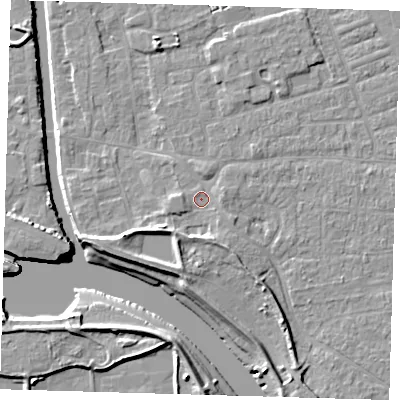 Shaded relief map of the ground around PE210DJ, computed from Environment Agency LiDAR. The ground here sits at about 3 m above sea level and falls 8 m across the surrounding 800 m. Surface water reaching this point runs off ground lying to the south-west, 3.5 m higher.
