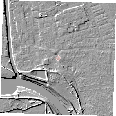Shaded relief map of the ground around PE210DL, computed from Environment Agency LiDAR. The ground here sits at about 4 m above sea level and falls 8 m across the surrounding 800 m. Surface water reaching this point runs off ground lying to the south-west, 3.4 m higher.