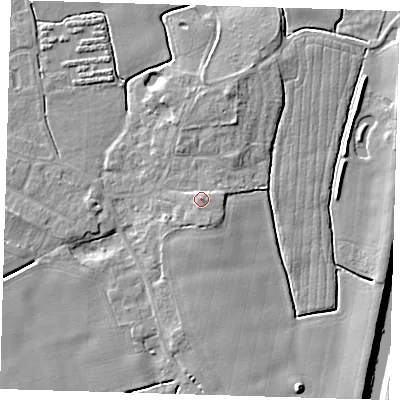 Shaded relief map of the ground around PE210DN, computed from Environment Agency LiDAR. The ground here sits at about 6 m above sea level and falls 8 m across the surrounding 800 m. Surface water reaching this point runs off ground lying to the east-north-east, 1.7 m higher.