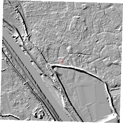 Shaded relief map of the ground around PE210DP, computed from Environment Agency LiDAR. The ground here sits at about 3 m above sea level and falls 9 m across the surrounding 800 m. Surface water reaching this point runs off ground lying to the west-south-west, 4.0 m higher.