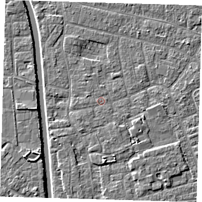 Shaded relief map of the ground around PE210DS, computed from Environment Agency LiDAR. The ground here sits at about 2 m above sea level and falls 5 m across the surrounding 800 m. Surface water reaching this point runs off ground lying to the south-west, 0.6 m higher.
