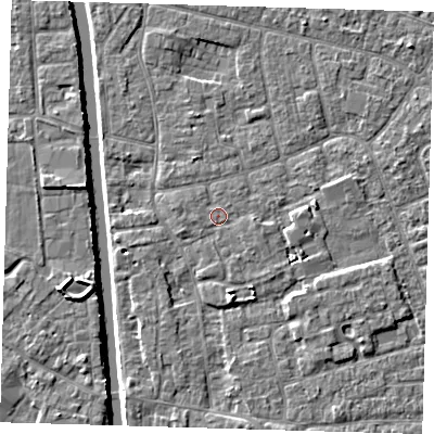 Shaded relief map of the ground around PE210DT, computed from Environment Agency LiDAR. The ground here sits at about 3 m above sea level and falls 5 m across the surrounding 800 m. Surface water reaching this point runs off ground lying to the east-south-east, 0.7 m higher.