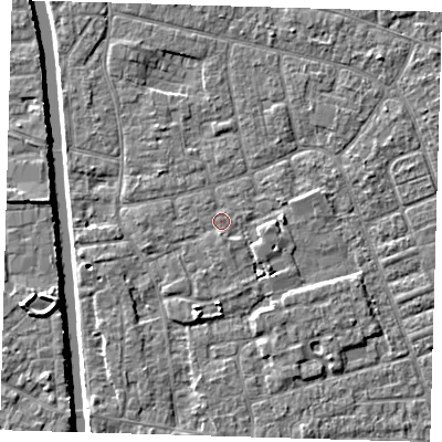 Shaded relief map of the ground around PE210DU, computed from Environment Agency LiDAR. The ground here sits at about 3 m above sea level and falls 5 m across the surrounding 800 m. Surface water reaching this point runs off ground lying to the west, 0.6 m higher.