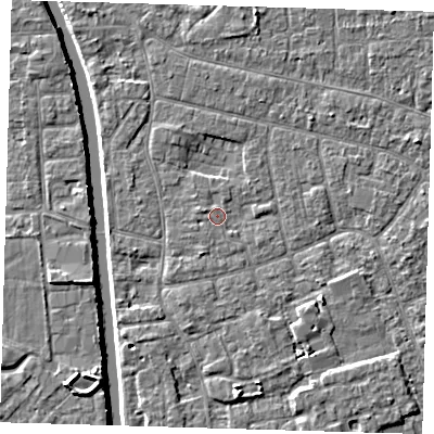 Shaded relief map of the ground around PE210DW, computed from Environment Agency LiDAR. The ground here sits at about 2 m above sea level and falls 5 m across the surrounding 800 m. Surface water reaching this point runs off ground lying to the south-east, 2.2 m higher.