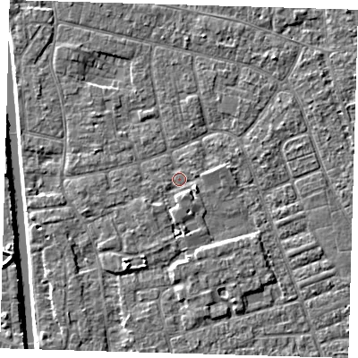 Shaded relief map of the ground around PE210DX, computed from Environment Agency LiDAR. The ground here sits at about 2 m above sea level and falls 5 m across the surrounding 800 m. Surface water reaching this point runs off ground lying to the south-east, 2.0 m higher.