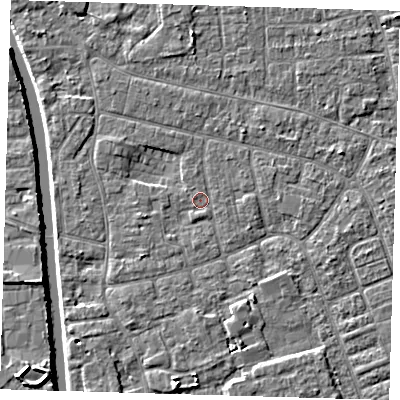 Shaded relief map of the ground around PE210DY, computed from Environment Agency LiDAR. The ground here sits at about 2 m above sea level and falls 5 m across the surrounding 800 m. Surface water reaching this point runs off ground lying to the south-south-east, 2.5 m higher.