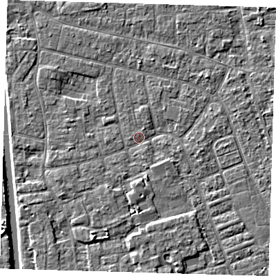 Shaded relief map of the ground around PE210DZ, computed from Environment Agency LiDAR. The ground here sits at about 2 m above sea level and falls 5 m across the surrounding 800 m. Surface water reaching this point runs off ground lying to the south-south-east, 2.2 m higher.