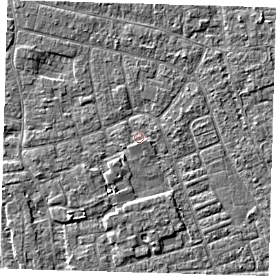 Shaded relief map of the ground around PE210EA, computed from Environment Agency LiDAR. The ground here sits at about 2 m above sea level and falls 4 m across the surrounding 800 m. Surface water reaching this point runs off ground lying to the east-south-east, 1.2 m higher.