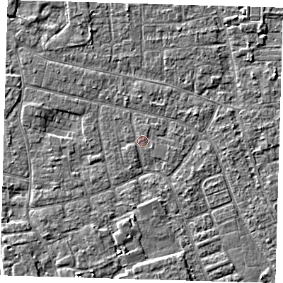 Shaded relief map of the ground around PE210EB, computed from Environment Agency LiDAR. The ground here sits at about 2 m above sea level and falls 4 m across the surrounding 800 m. The ground contributing surface water to this point lies to the east-south-east.