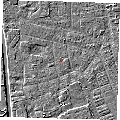 Shaded relief map of the ground around PE210ED, computed from Environment Agency LiDAR. The ground here sits at about 2 m above sea level and falls 5 m across the surrounding 800 m. Surface water reaching this point runs off ground lying to the east, 0.7 m higher.