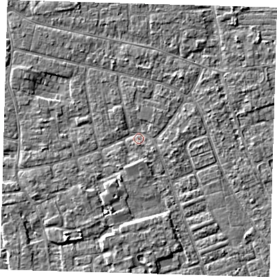 Shaded relief map of the ground around PE210EE, computed from Environment Agency LiDAR. The ground here sits at about 2 m above sea level and falls 3 m across the surrounding 800 m. Surface water reaching this point runs off ground lying to the south-south-east, 1.3 m higher.