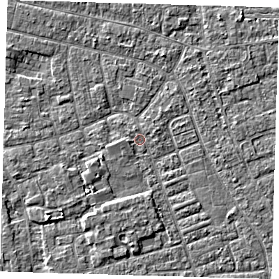Shaded relief map of the ground around PE210EF, computed from Environment Agency LiDAR. The ground here sits at about 2 m above sea level and falls 3 m across the surrounding 800 m. Surface water reaching this point runs off ground lying to the west-south-west, 1.6 m higher.