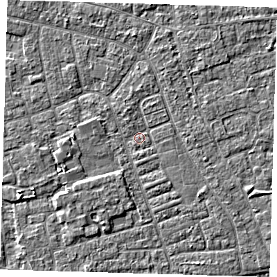 Shaded relief map of the ground around PE210EG, computed from Environment Agency LiDAR. The ground here sits at about 2 m above sea level and falls 3 m across the surrounding 800 m. Surface water reaching this point runs off ground lying to the south-south-west, 1.8 m higher.