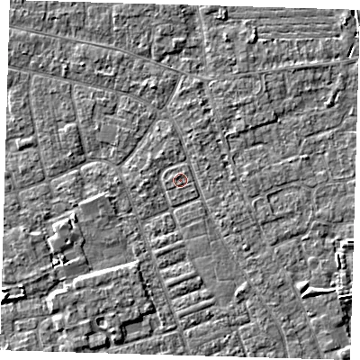 Shaded relief map of the ground around PE210EH, computed from Environment Agency LiDAR. The ground here sits at about 2 m above sea level and falls 4 m across the surrounding 800 m. The ground contributing surface water to this point lies to the north-north-west.