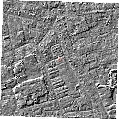 Shaded relief map of the ground around PE210EJ, computed from Environment Agency LiDAR. The ground here sits at about 2 m above sea level and falls 2 m across the surrounding 800 m. Surface water reaching this point runs off ground lying to the south-west, 0.7 m higher.