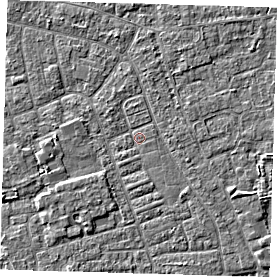 Shaded relief map of the ground around PE210EL, computed from Environment Agency LiDAR. The ground here sits at about 2 m above sea level and falls 3 m across the surrounding 800 m. Surface water reaching this point runs off ground lying to the south-west, 0.7 m higher.