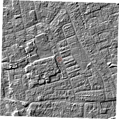 Shaded relief map of the ground around PE210EN, computed from Environment Agency LiDAR. The ground here sits at about 2 m above sea level and falls 3 m across the surrounding 800 m. Surface water reaching this point runs off ground lying to the south-west, 2.6 m higher.