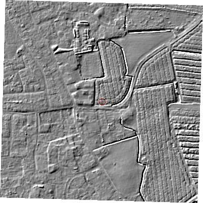 Shaded relief map of the ground around PE210EP, computed from Environment Agency LiDAR. The ground here sits at about 2 m above sea level and falls 5 m across the surrounding 800 m. Surface water reaching this point runs off ground lying to the west, 2.0 m higher.