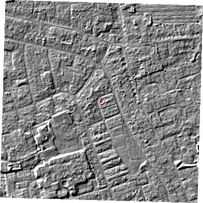 Shaded relief map of the ground around PE210EQ, computed from Environment Agency LiDAR. The ground here sits at about 2 m above sea level and falls 3 m across the surrounding 800 m. Surface water reaching this point runs off ground lying to the south-south-west, 1.8 m higher.