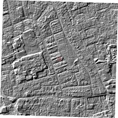 Shaded relief map of the ground around PE210ER, computed from Environment Agency LiDAR. The ground here sits at about 3 m above sea level and falls 3 m across the surrounding 800 m. Surface water reaching this point runs off ground lying to the east, 0.7 m higher.